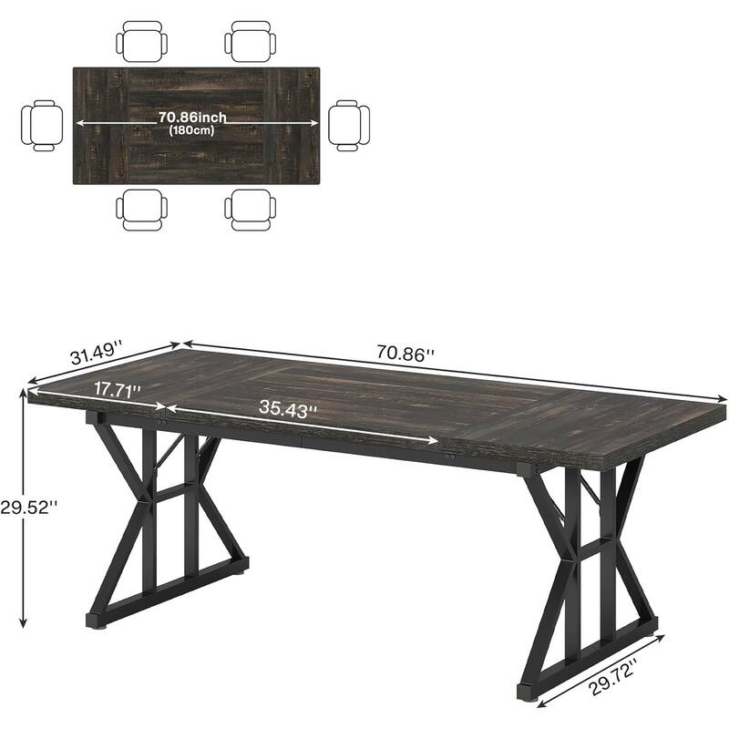 71" Dining Table for 6, Rustic Rectangular Kitchen Table with X-Trestle Metal Legs, Wood Top Dinner Table for Dining Room