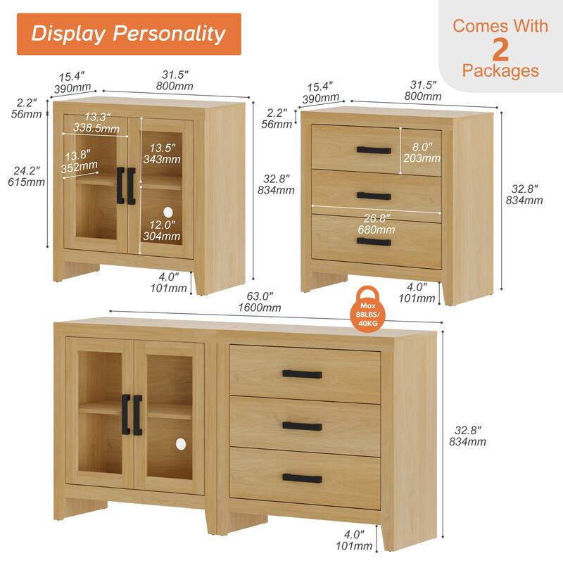 WAMPAT Farmhouse Buffet Cabinet, 2-Piece Sideboard with Glass Door & Storage Drawers for Kitchen