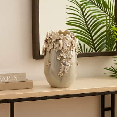 Accent Vase, Gray Silver Ceramic, Flowers and Butterflies, 14 Inch
