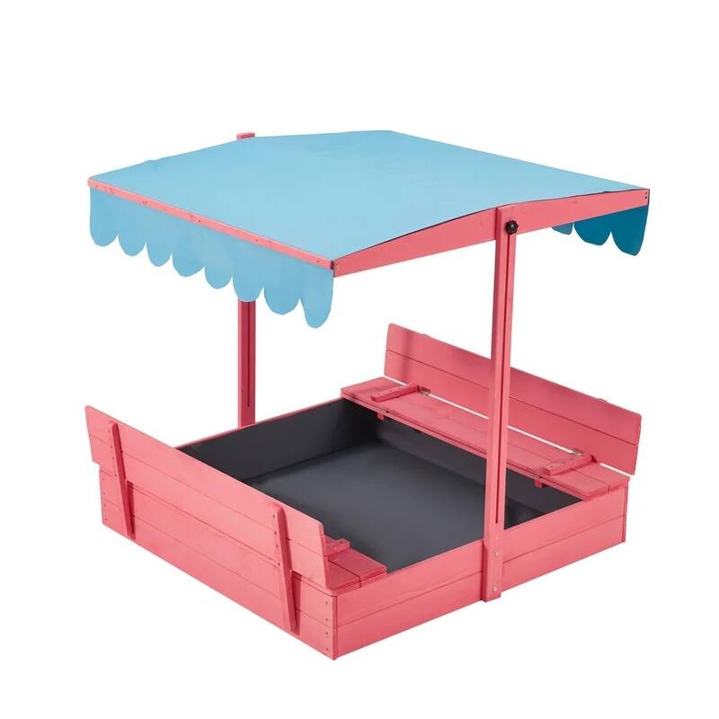 EROMMY Children's Wooden Sandbox with Folding Bench Seats and Adjustable Canopy,Pink