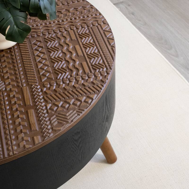 GDFStudio Veyrion Carved Round Coffee Table with Storage and Mid-Century Modern Design