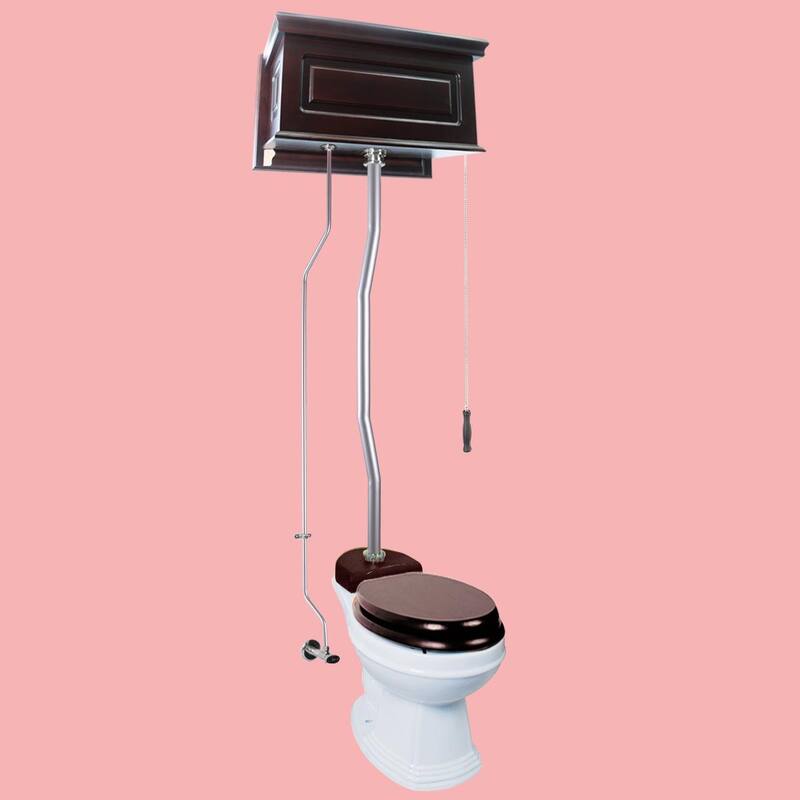 High Tank Toilet - Dark Oak Wooden Raised Tank, Round White Bowl and Satin Plated Z Pipes Renovators Supply