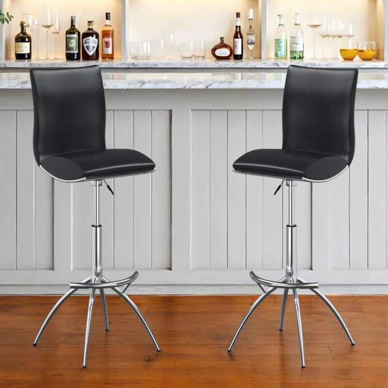 Set of 2 Contemporary Bar Stools with Faux Leather Saddle Seats and Adjustable Metal Base - 39”H x 17”W x 15”D - Black-Silver