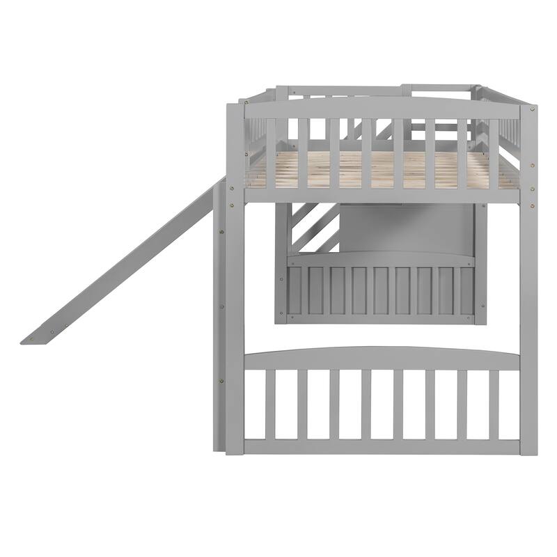 Twin Size Loft Bed with Drawers, Slide, and Staircase, Gray