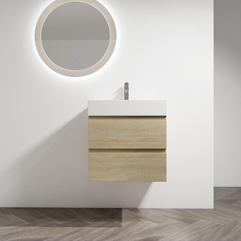 24" Wall-Mounted Bathroom Vanity With Resin Sink, 2-Soft Close Drawers