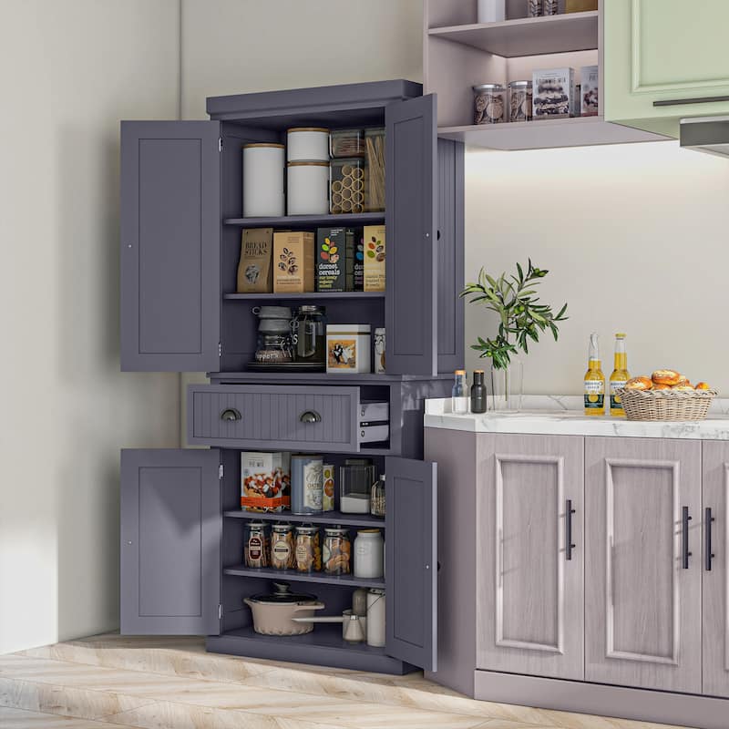 72" Kitchen Pantry Cabinet, Freestanding Tall Storage Cabinet, Traditional Kitchen Cabinet with 4 Doors