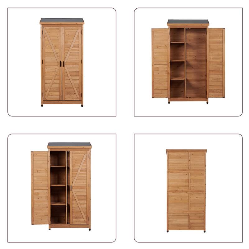 Farmhouse Vertical Storage Shed, Cedar Wood Tool Cabinet with Sloped Metal Roof, Adjustable Shelves - 33.5"L x 18.5"W x 68"H