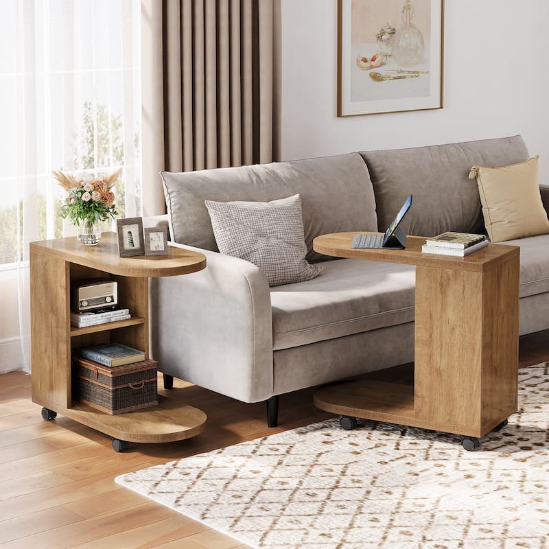 C Shaped Sofa Side Table, Mobile Bedside End Table with Storage - 2 PCS