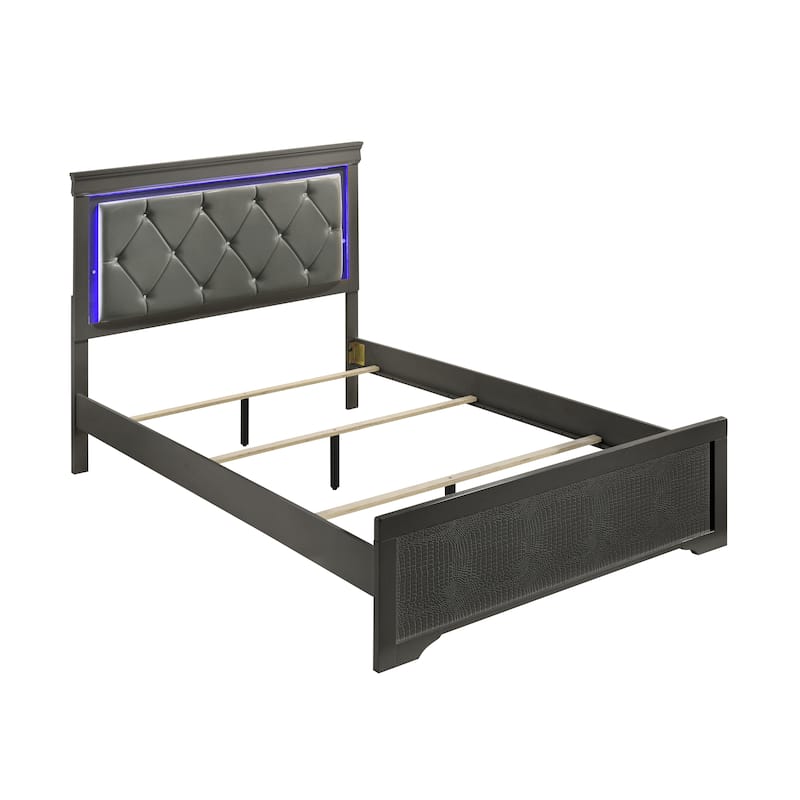 Modern Twin Bed with LED Headboard & Wood Frame in Metallic Gray
