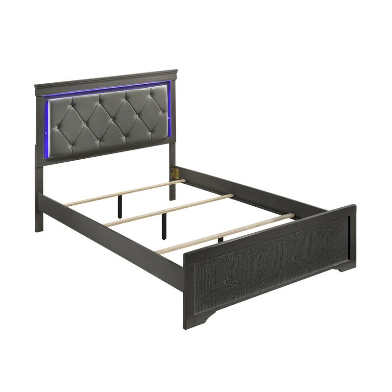 Twin Size MDF Upholstered Platform Bed with LED Headboard in Metallic and Tufted Faux Leather