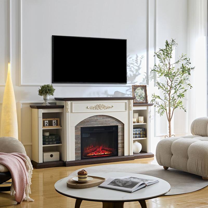 Classic 72 inch Electric Fireplace with Mantel White TV Stand Entertainment Center with Storage