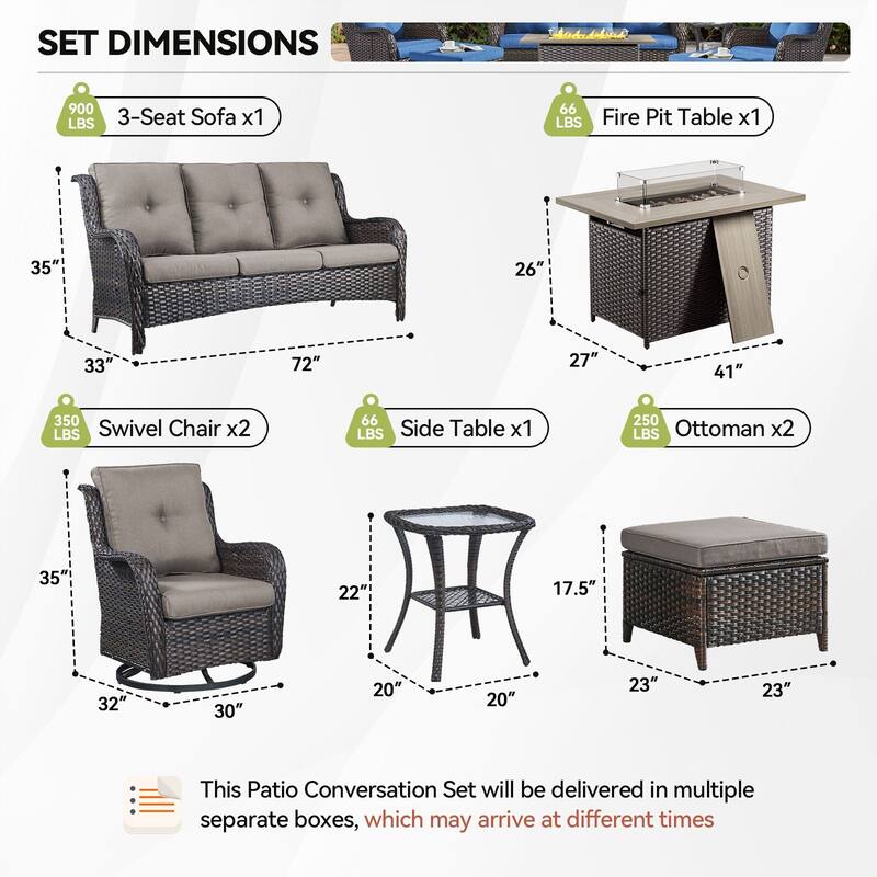 Gymojoy 7-Piece Outdoor Furniture Sofa Set with 2 Swivel Chairs, 2 Ottomans, End Table & 55K BTU Fire Pit Table