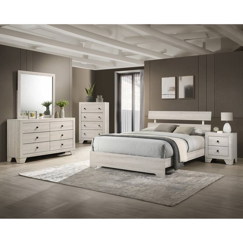 Rustic Full Platform Bed with Slat Headboard, Low-profile Frame, White Wash Finish, Contemporary Style