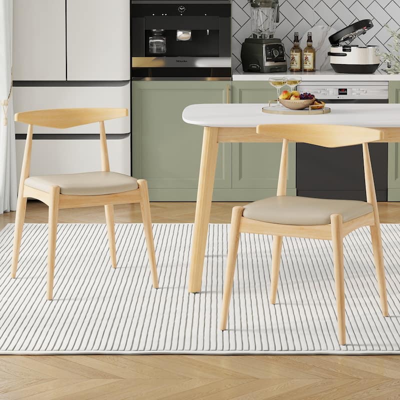 Set of 2 Rubberwood Dining Chairs, Ergonomic Backrest & Faux Leather Upholstery - Light Grey+Natural