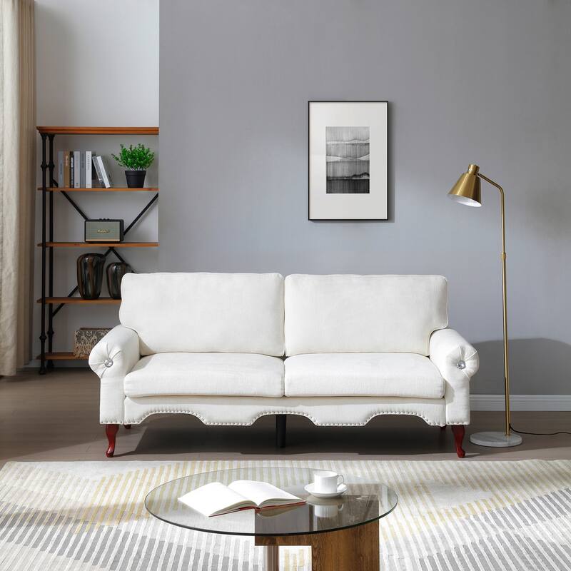 80-Inch Modern Linen 3 seat Sofa with Wooden Legs & Crystal button and Copper Nail, Tufted Backrest, for Living Room - Beige