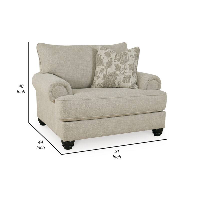 Asen 51 Inch Wide Oversized Chair, 1 Pillow, Rolled Arms, Beige Polyester