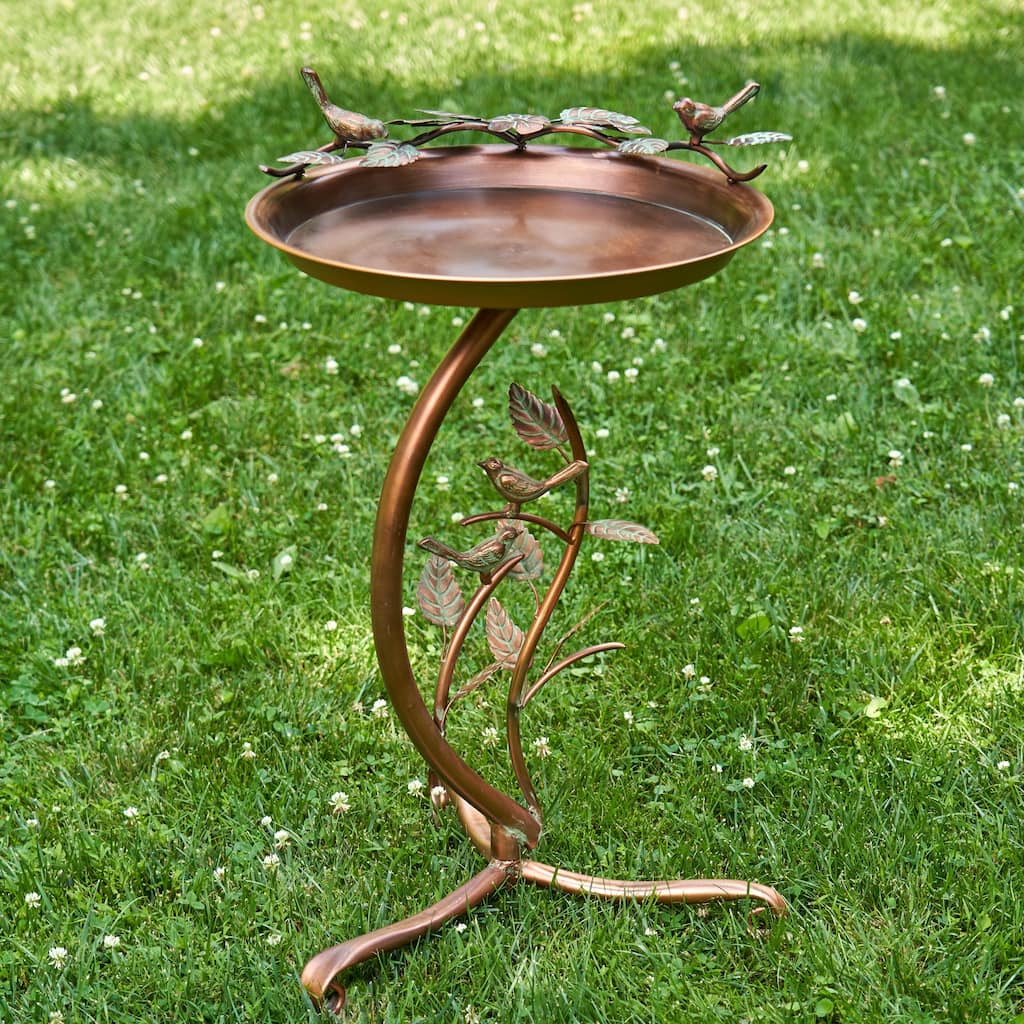 Shallow Copper Bird Feeder on Branch Stand