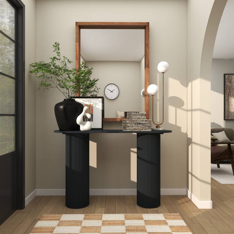 Wooden Geometric Oval Console Table with Ribbed Pillar Legs - Black - Roche River Decor