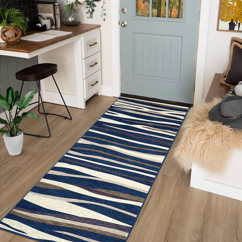 Garvee Modern Abstract Area Rug Colorful Throw Carpet - 2' x 6' Runner - Blue Beige
