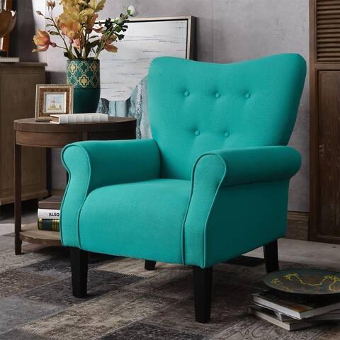 Modern Upholstered Wing Back Accent Chair Roll Arm & Wooden Legs, Blue