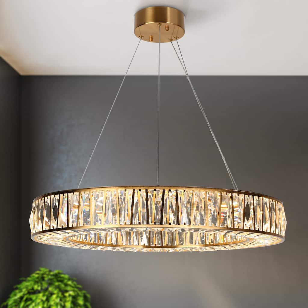 Modern 1-Light LED Crystal Ring Chandelier for Dining Living Room - D 25.6" x H 65.3" Max