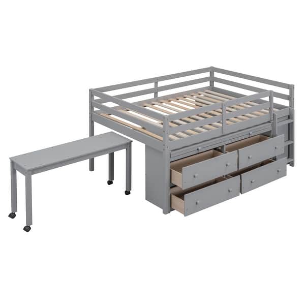 slide 2 of 13, Full Low Loft Bed with Rolling Portable Desk & Shelves, Wood Loft Bed Frame with 4 Drawers for Kids & Teens, Boys, Girls Grey Grey - Full