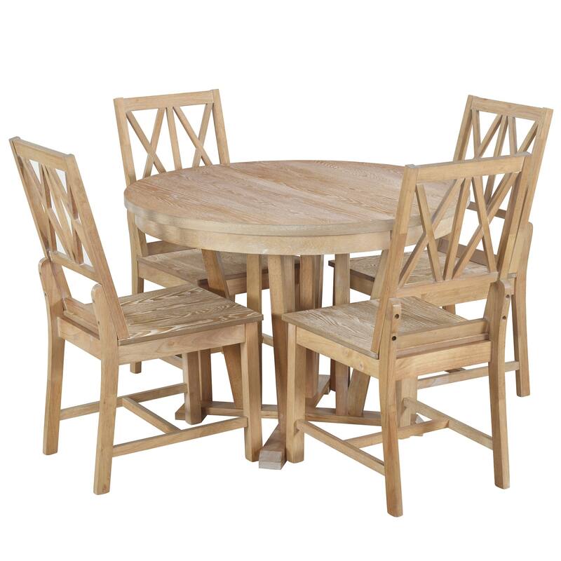 Rustic 5-Piece Extendable Dining Table Set with Round Trestle Table and 4 Cross Back Dining Chairs