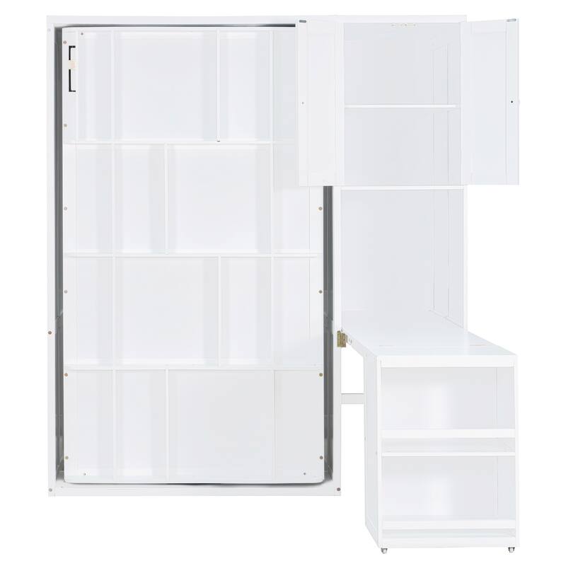 Twin Size Rotating Murphy Wall Bed with Bookshelf, Top Cabinet, Modern Foldable Cabinet Bed with Extendable Desk, Side Storage
