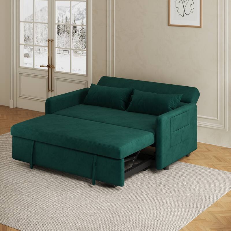 Convertible Sleeper Sofa Bed Velvet Reclining Sofa, Loveseat Sleeper Sofa Pull Out Bed w/ 2