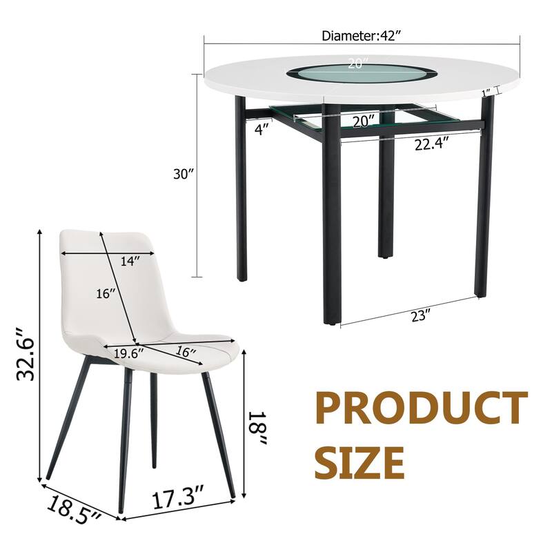5 Piece Dining Table Set with 42 Inch Round MDF Top Glass Insert 4 PU Chairs