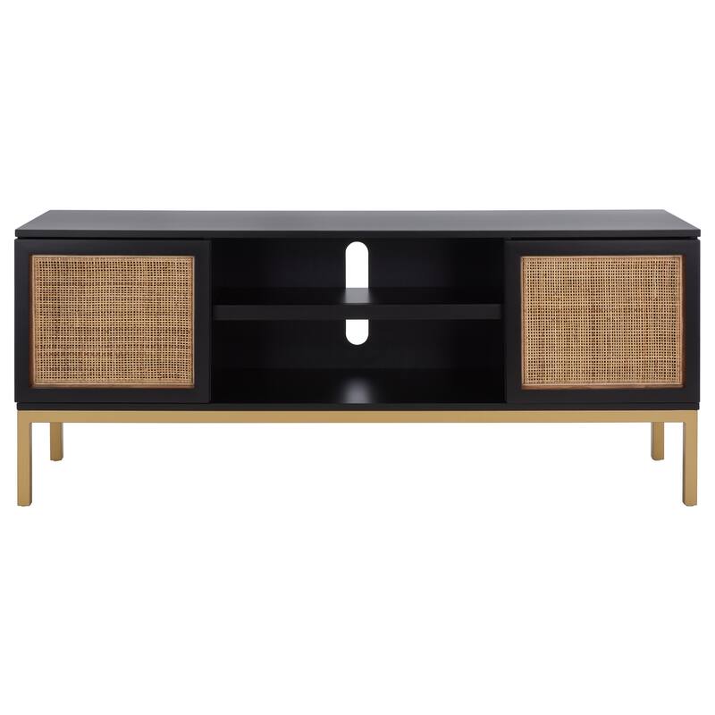 SAFAVIEH Zadie 1 Shelf Rattan Media Stand - 54" W x 15" D x 22" H - Black/Natural/Gold