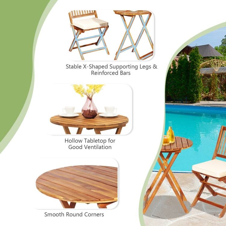 3 Pieces Patio Folding Bistro Set with Padded Cushion and Round Coffee Table - 23.5" x 23.5" x 29.5" (L x W x H)