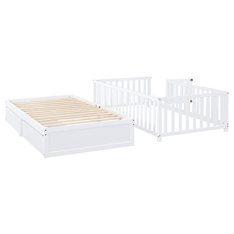 Twin Size Convertible Wood Daybed & Floor Bed with Fence Guardrails and 2 Drawers