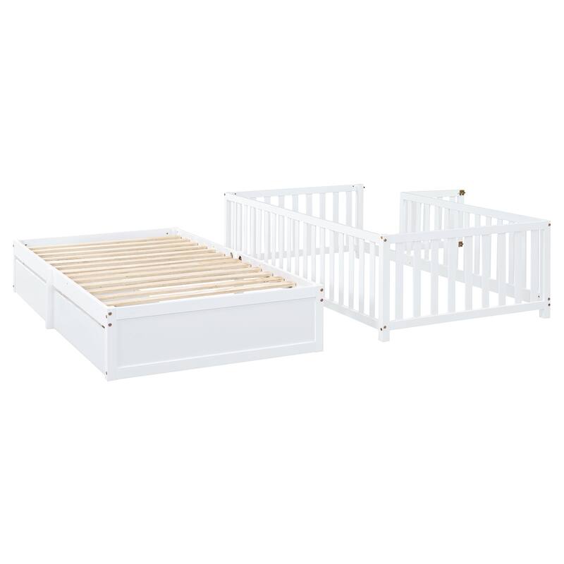 Twin Size Wood Daybed with Guardrails and Drawers, Convertible to Floor Bed, White