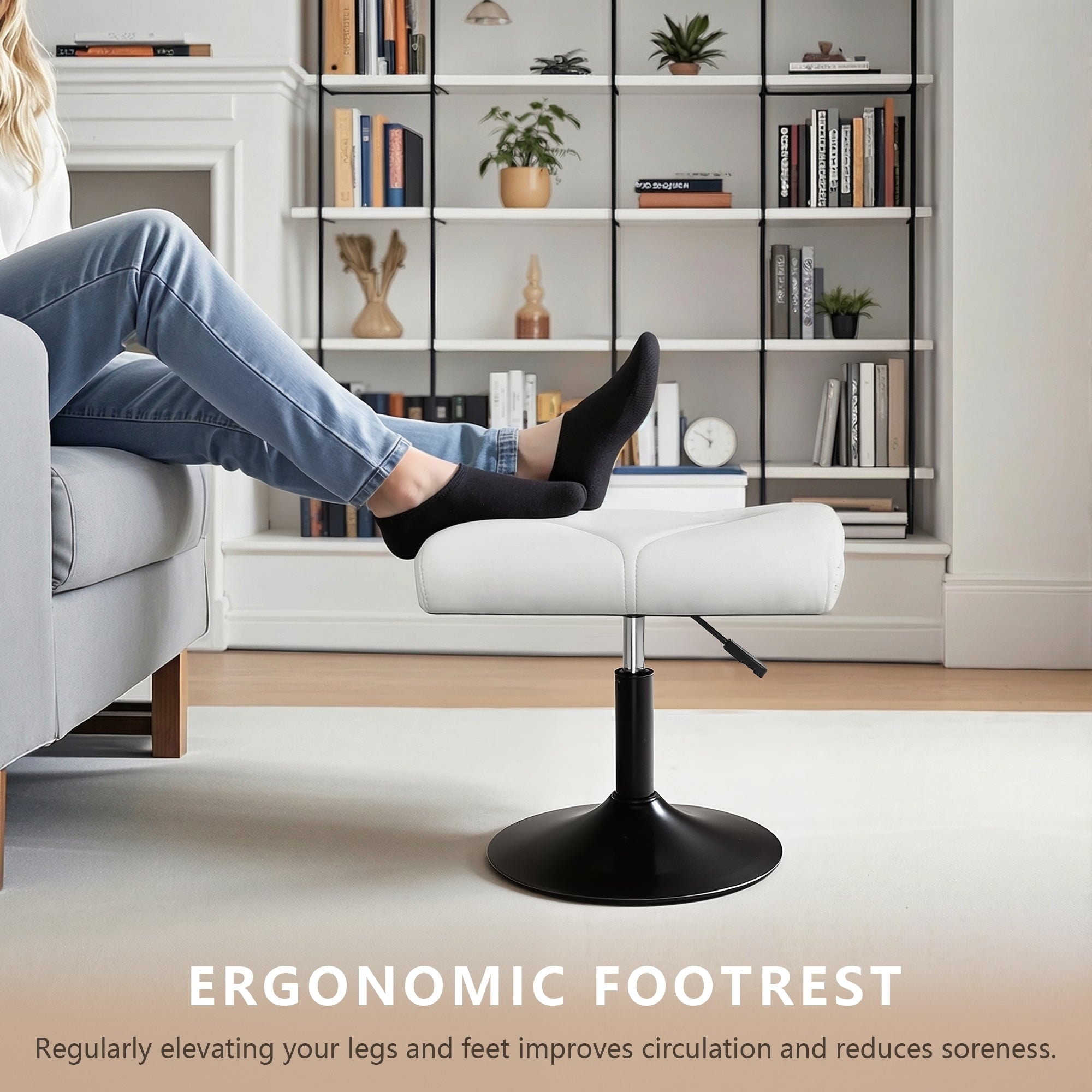 Javlergo Adjustable Height PU Leather Ottoman with 360° Swivel Footrest Stool for Office Under Desk Space Saving Ottoman