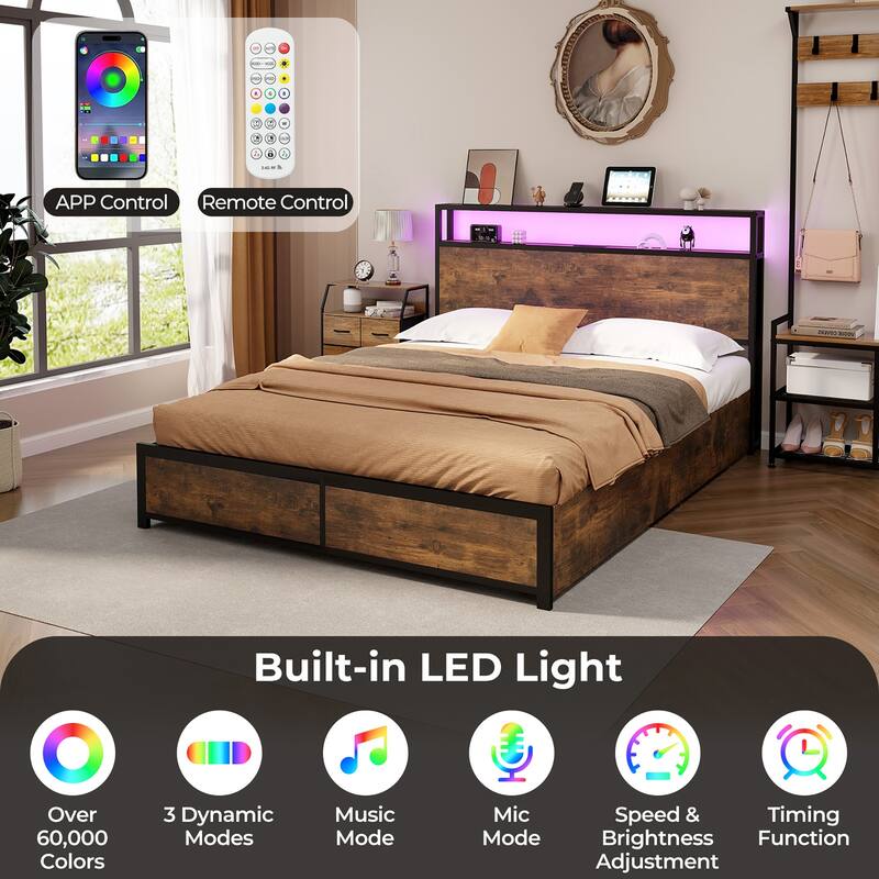 Gymax Full/Queen Industrial Platform Bed Frame with Storage Drawers &