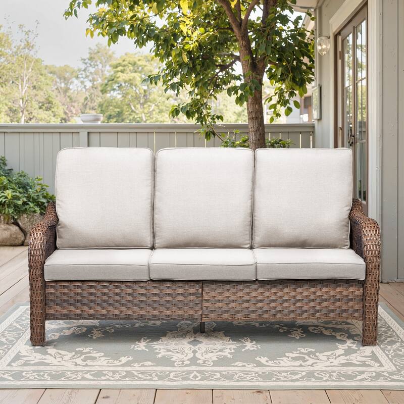 Cavira Brown Wicker Outdoor Patio 3-Seat Sofa with Olefin Cushions