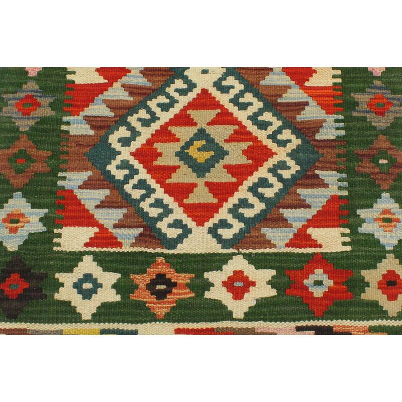 Bohemian Turkish Kilim Hiedi Rust Green Hand-Woven Wool Rug - 2'0'' x 2'11''