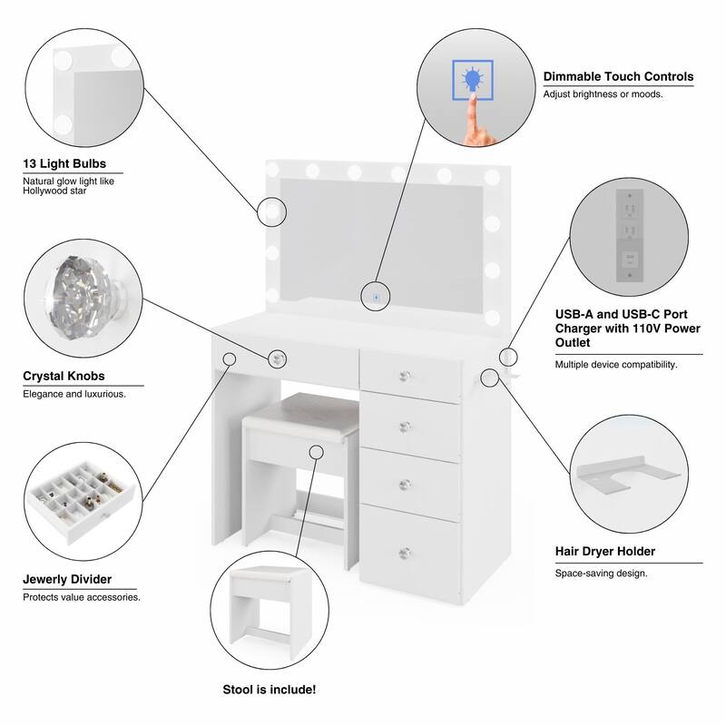 Boahaus White Makeup Vanity Desk with 13 Light Bulbs, Glass Top, USB-A & USB-C, 5 Drawers, Hair Dryer Holder, and Stool