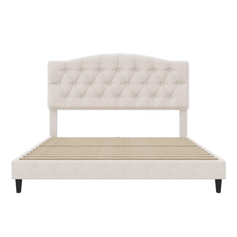 Queen Upholstered Bed with Saddle Curved Headboard and Wooden Slats