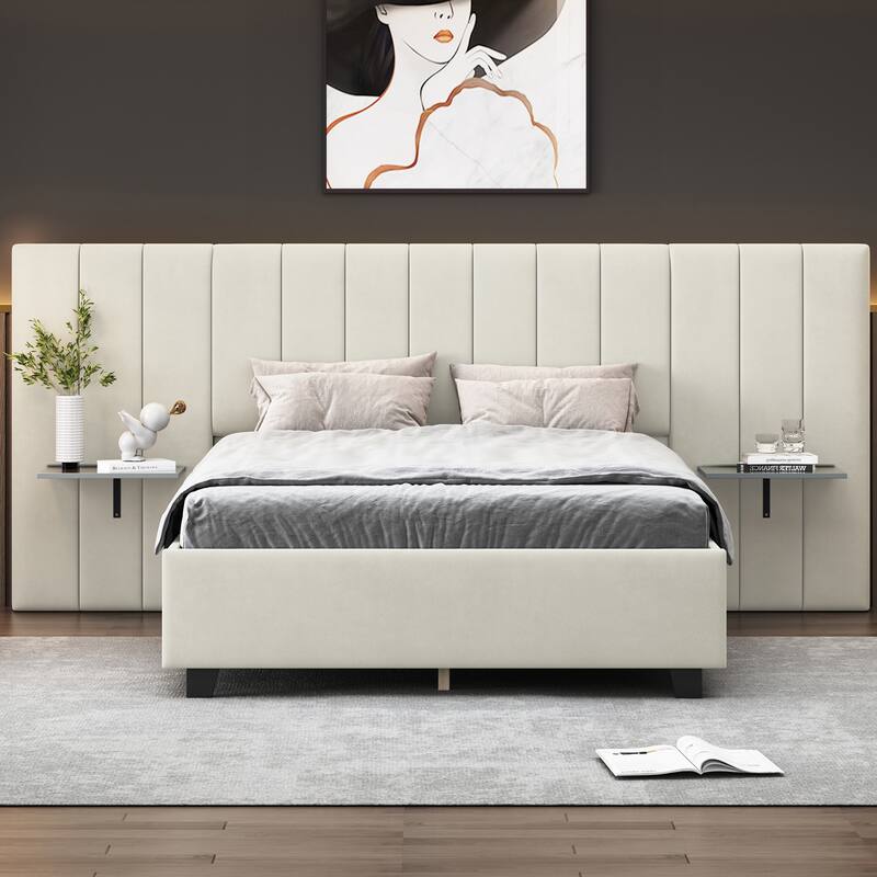 Full/Queen Size Upholstered Bed with Velvet Headboard and Integrated Shelves
