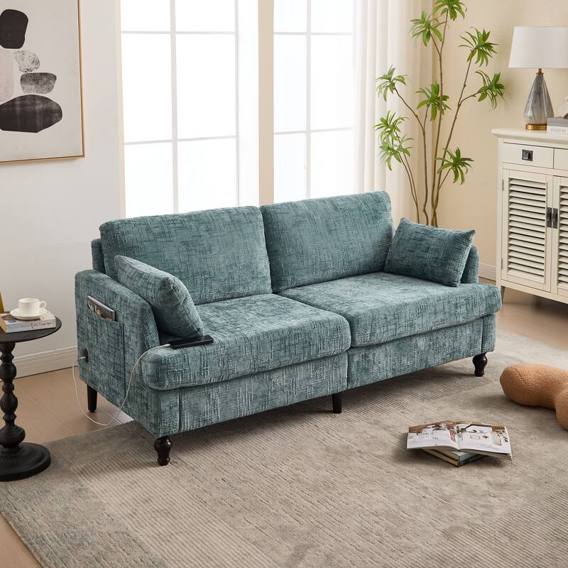 Modern Style Chenille 2-Seater Wood-Legged Sofa With Led Light,USB Charging Port And Storage Bag Living Room Bedroom Study Room