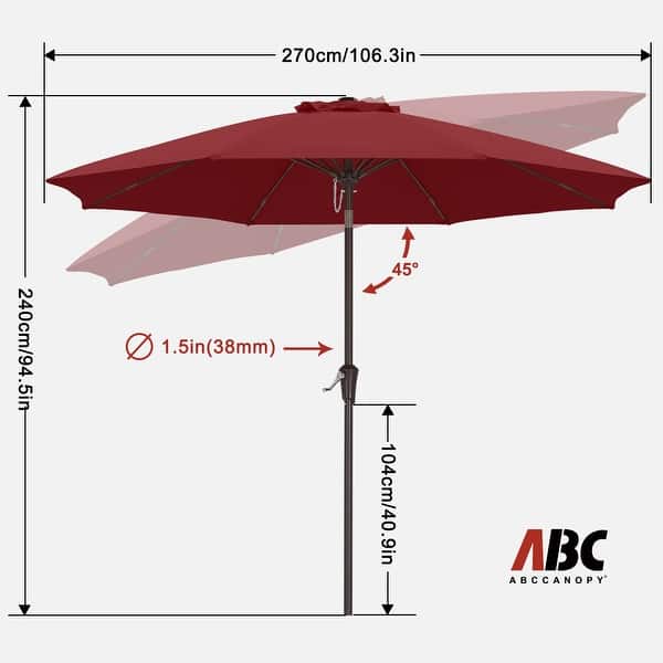 dimension image slide 1 of 7, ABCCANOPY 9FT Patio Umbrella with Push Button Tilt