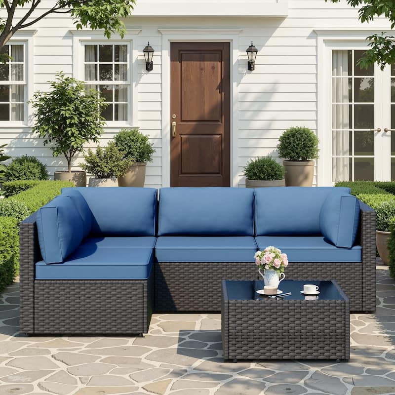 Outdoor 5-Piece Wicker Sectional Sofa Patio Conversation Set with Table - NavyBlue/Black