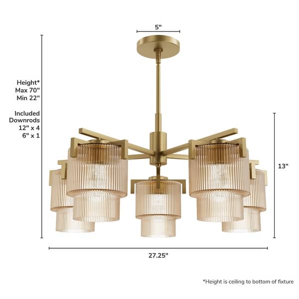 dimension image slide 0 of 2, Hunter + Jasmine Roth Ontario Clear Ribbed Glass 5-Light Chandelier - Transitional, Glam
