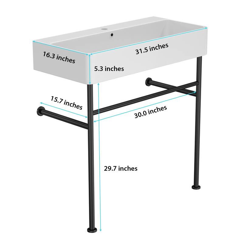 32" Freestanding Bathroom Console Sink with Ceramic Basin, Overflow, Black Metal Legs, and Drain Kit Included