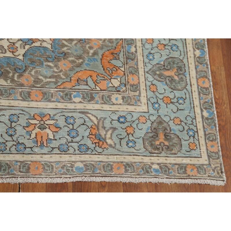 Turquoise Green Tabriz Persian Vintage Area Rug Handmade Wool Carpet - 6'8"x 9'6"