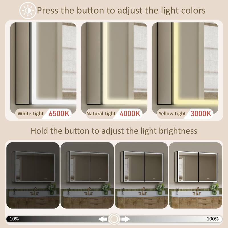 Grand Aluminum Medicine Cabinet with Mirror, Adjustable Shelves, Dimmable Light, Anti-Fog, Recessed or Wall Mount