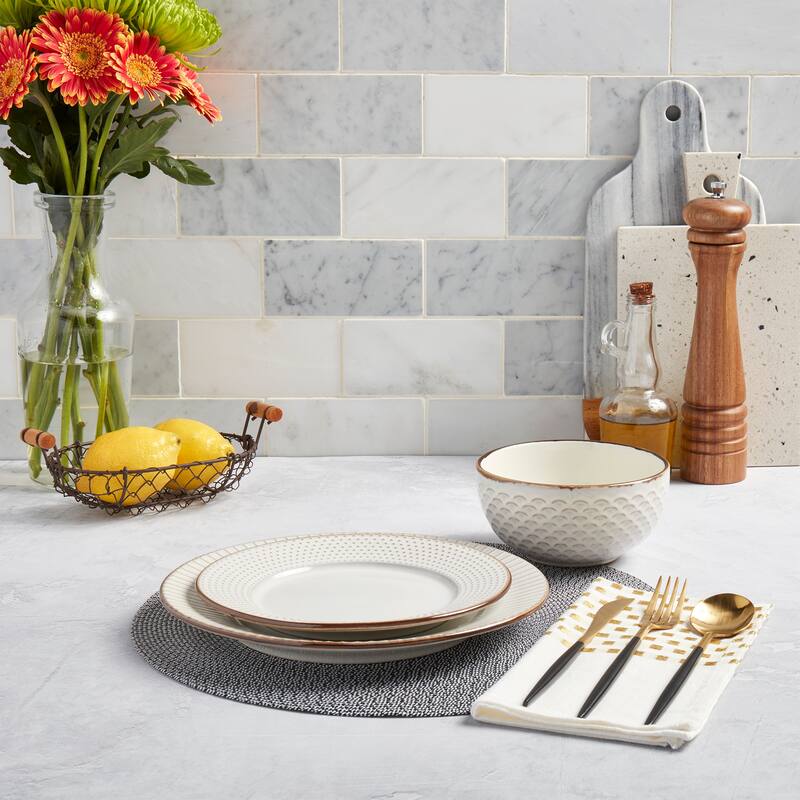 Tabletops Gallery Monroe 12PC Embossed Ivory Round Dinnerware Set - N/A