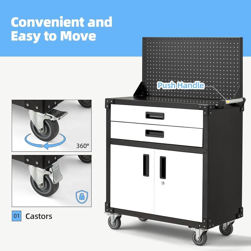 AECOJOY Rolling Tool Chest with Wheels 2 Drawers Pegboard